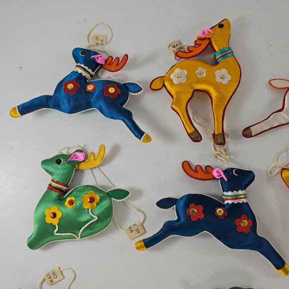 Vintage Chinese Silk Satin Embroidered Reindeer Christmas Ornaments Set Of 8 - Picture 2 of 9